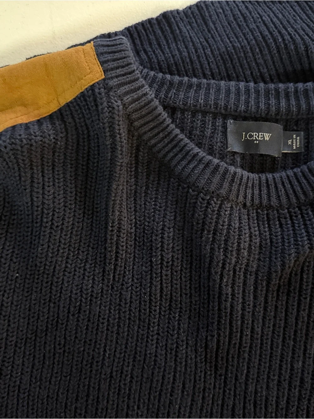 J. Crew Men's Navy Ribbed Crewneck Sweater with Brown Shouder Patches